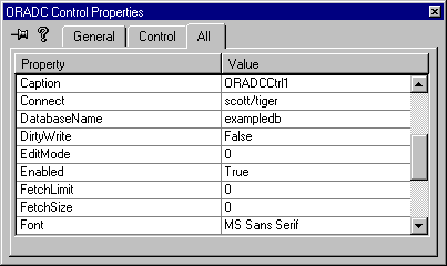 the ORADC Control dialog box